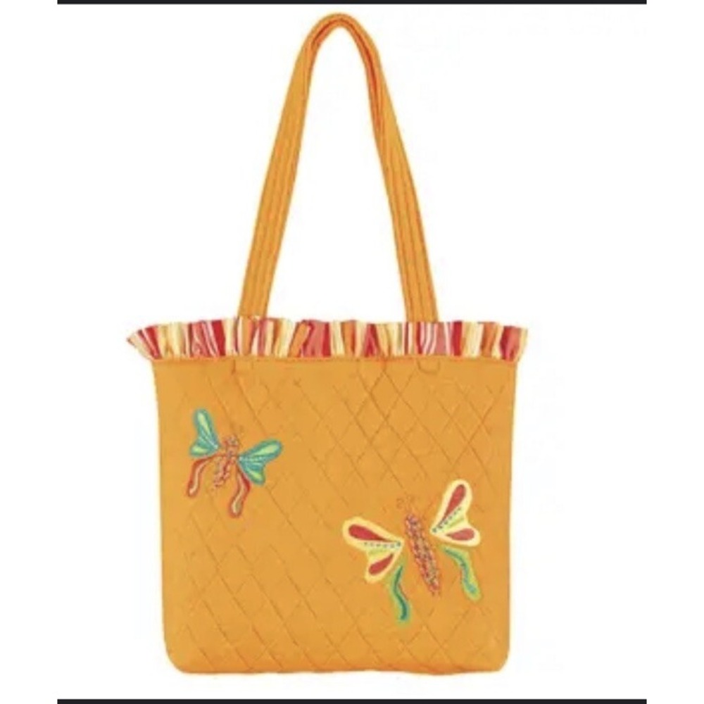 Quilted Tote Bag Yellow Butterfly Embroidery Ruffled Trim